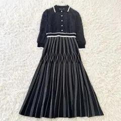 極美品✨ダイアグラム レース切替ニットワンピース プリーツ 襟付 近年 黒 36