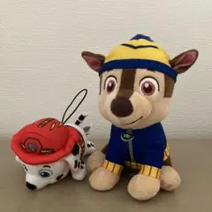 パウパトロール　ぬいぐるみ【チェイス】＆ゴム紐付きマスコット【マーシャル】
