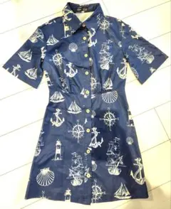 SHEIN ネイビー マリン柄 半袖シャツワンピース XS