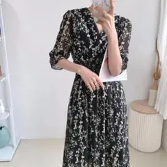 シフォン花柄半袖ロングワンピース