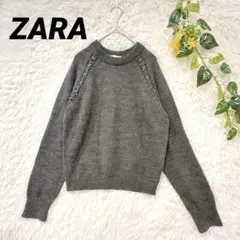 美品★ZARA◆ウール混 レースアップ クルーネック ニット セーター M 秋冬