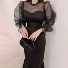 シースルー パフスリーブ298　ワンピース ドレス ブラック 　黒 お呼ばれ