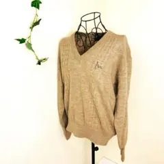 Toroy ケーブルニットVネック　ロゴ刺繍woolセーター　L　ベージュ