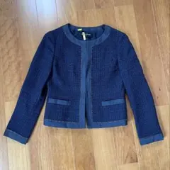 【UNITED ARROWS】ノーカラーツイードジャケット 38 ネイビー