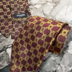 【希少美品】　CHANEL ネクタイ　総柄　金チェーン付　ココマークロゴ入り　赤