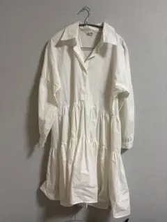 ホワイト シャツワンピース 長袖 ティアード