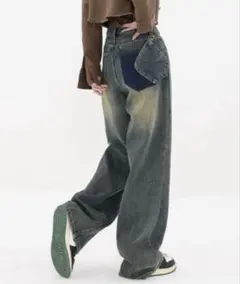 【美品】韓国 ビンテージウォッシュデザインワイドデニム