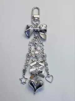 ビーズキーホルダー シルバー 1点 / リボン 星 ハート 銀 チャーム