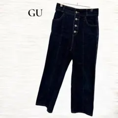 GU/ワイドレッグデニム/Ｍ/ハイウエスト/ボタンフライ/インディゴブルー/脚長