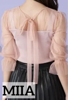 MIIA リボン付き チュール切替ニットトップス ピンク