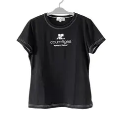 00s courreges デカロゴ 白ステッチ ブラック Tシャツ y2k