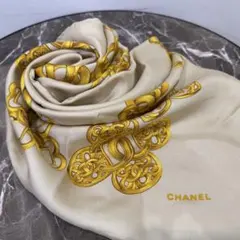 ★【美品】CHANEL シルクスカーフ ベージュ・ゴールド USED品★