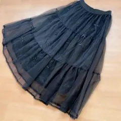 週末お値下げ！ブラックチュールフレアスカート リボン付き