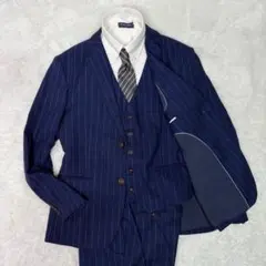【美品】　メンズ　スーツ　3ピース　2B ストライプ　紺ブレ　冠婚葬祭