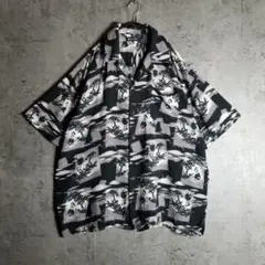 ヒルトン ボウリングシャツ L 総柄 黒 コットン 開襟 アメカジ 古着