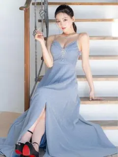 キャミソールバストギャザーパールビジューグリッターラメAラインロングドレス