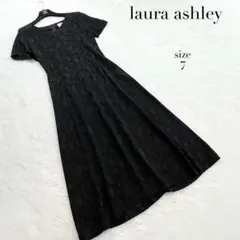 【ローラアシュレイ】花柄ジャガードフレアワンピース☆半袖☆上品クラシカル☆黒☆S