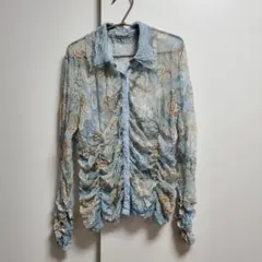 E-clat　シワ加工シャーリングブラウス　サイズ42　メッシュ　モザイク模様