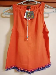 花柄刺繍 オレンジ色 ノースリーブカットソー