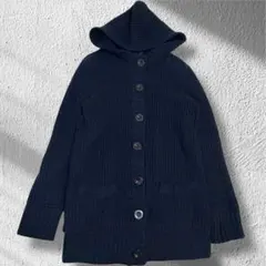 ◯ニコルセレクション　ロングカーディガン　ウール　フード　ニット　ネイビー