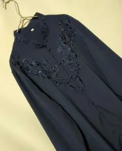 デットストック　ネイビー　刺繍　マオカラー　包ボタン　オーバーサイズのサムネイル