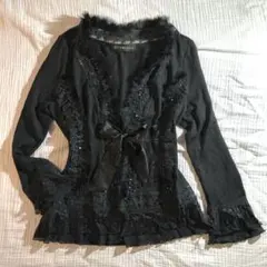 ♩2000s darkcore ふわふわファー付きBIGリボンカットソー 刺繍