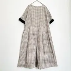 bluewillow ロングワンピース　半袖　チェック　ブルーウィロー　麻×綿