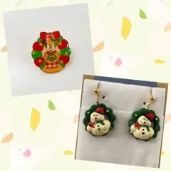 ミッキー クリスマスリース ピンバッジとスノーマンイヤリングのセット