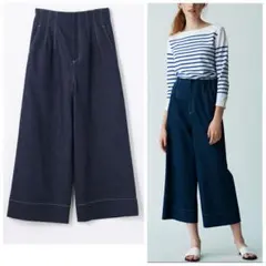 ☆MACPHEE ブラッシュデニム クロップドワイドパンツ 34 ネイビー