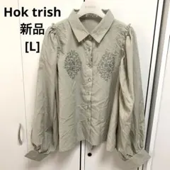 Hok trish 刺繍入りベージュパフスリーブシャツ 新品