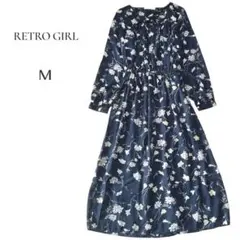 【レトロガール】花柄ロングワンピース ウエストゴム リボン Aライン Mサイズ