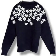 フラワー刺繍デザインニット ブラック Ｆ 花柄 ビジュー 大人可愛い 上品