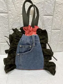 デニムリメイク レオパード柄 フリル巾着トートバック