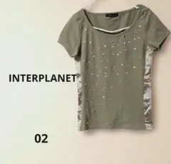 INTERPLANET スタッズ装飾 半袖Tシャツ カーキ フィットタイプ Mのサムネイル