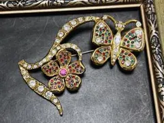 ヴィンテージ ブローチ　花　蝶　ゴールド