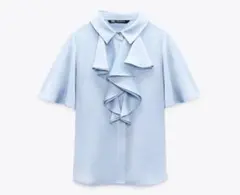 フリルブラウス　サテン　水色　ボウタイ