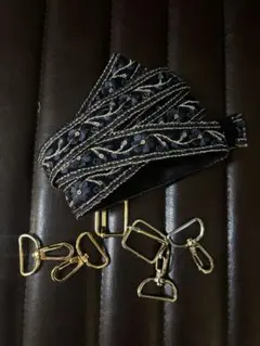 インド刺繍　ショルダーストラップ　ブラック×ブルー×シルバー