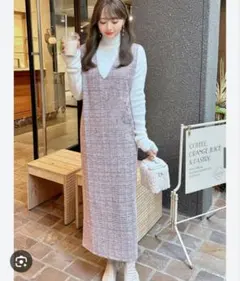 GRL　Vネックラメツイードワンピース　ピンク