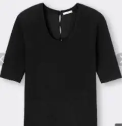 gu黒 リブ編み 半袖Tシャツ