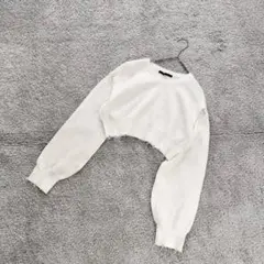 B2433【ヘザー】肩だし/ニット/クロップド丈/ダメージ加工/F