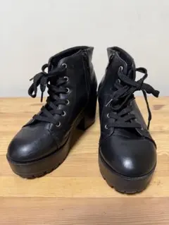 黒 ブラック厚底ブーツ 、ブーツ合成皮革レディースL24cm、秋、冬