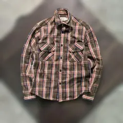 7AS1 チェック柄　裏起毛　長袖シャツ　厚手　コットン　茶×紫　古着used
