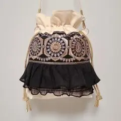 インド刺繍リボン巾着バック キナリ×ブラック②