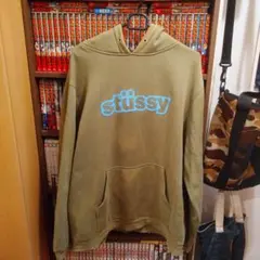 STUSSY（L）裏起毛パーカー 長袖 スウェット バタフライ刺繍 ブルー 