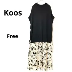 コース ニット×レース切替ワンピース F ブラック×アイボリー 美品 古着