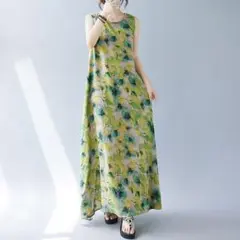 ジャンパースカート プリント ロング丈 涼しい ノースリーブ オーバーサイズ