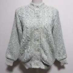 ヴィンテージ パステルミックス ケーブル編みニットカーディガン ぽわん袖 レトロ