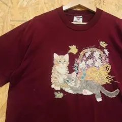 【にゃー】90s JERZEESビンテージTシャツ 猫アニマルプリント USA製のサムネイル