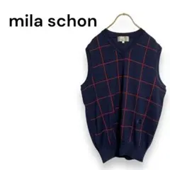 【ミラショーン　スポーツ】ニット　ベスト　チェック　ゆったり　重ね着　紺　4