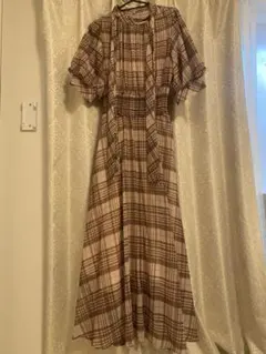 ウィルセレクション ブラウン チェック柄 半袖 ロングワンピース